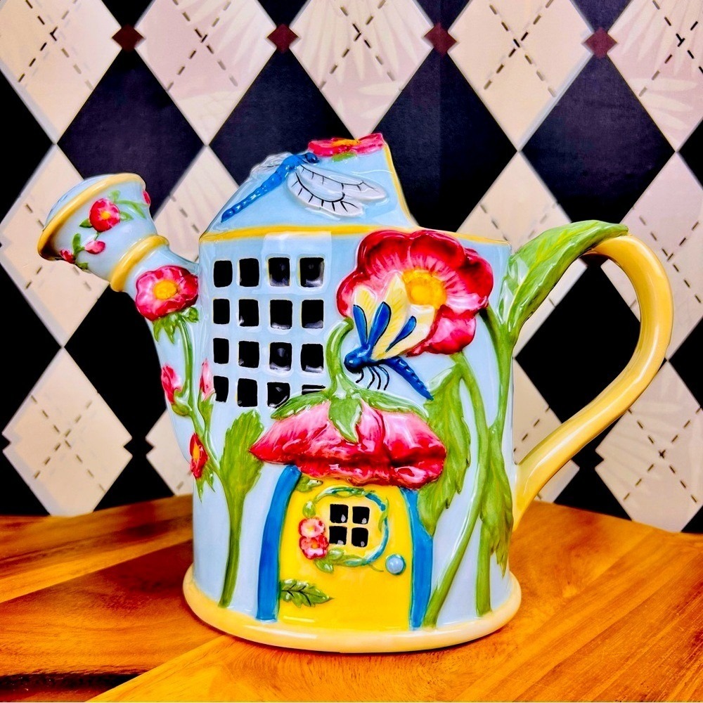 Cottage Ceramic Watering Can Whimsical Floral Butterfly Garden Decor - Picture 3 of 10
